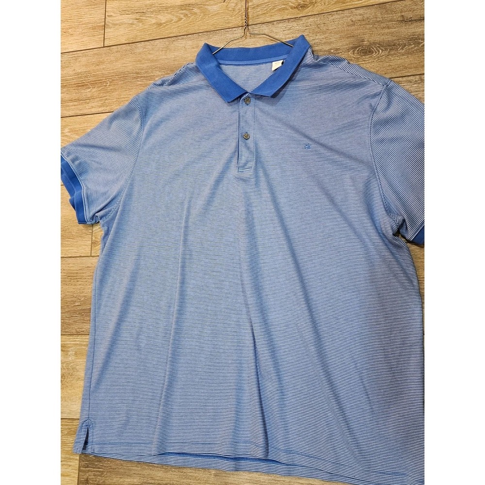 Calvin Klein Mens XXL Blue White Striped Short Sleeve Polo Shirt Logo Stripe